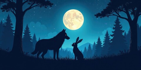 Fototapeta premium Serene Nighttime Forest Scene A Wolf and Hare Silhouetted Against a Full Moon and Starry Sky, Contemplating the Mysterious Beauty of Nature