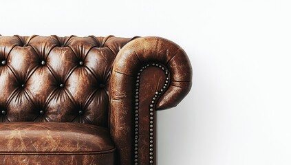 Brown Leather Chesterfield Sofa Corner Against White Wall