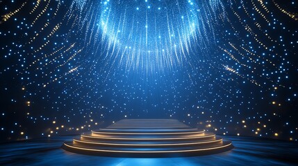 A grand circular stage with golden glow and shimmering lights, set against a celestial blue backdrop. Perfect for celebrations, performances, and awards.