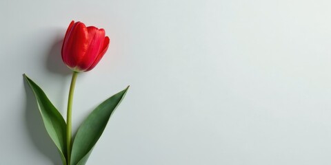Obraz premium A single vibrant red tulip, elegantly positioned against a soft, light-grey backdrop, creates a minimalist floral composition perfect for various design applications.