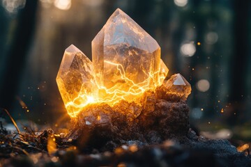 Glowing quartz crystals embedded in earth, emitting warm light, magical scene in forest.