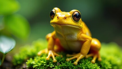 Obraz premium A Vibrant Golden Frog Perched on Lush Green Moss, a Close-Up View of Nature's Tiny Jewel