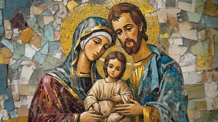 Exquisite mosaic artwork of the holy family depicting jesus, mary, and joseph in timeless devotion © decorator