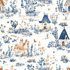 Whimsical Fairy Garden Gnome Seamless Pattern Tiny House Cottagecore Background