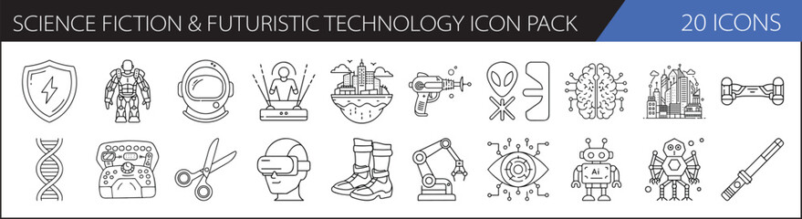 Science Fiction & Futuristic Technology Icon Pack -A set of 20 icons featuring futuristic technology and sci-fi elements, perfect for technology or science fiction-themed designs.

