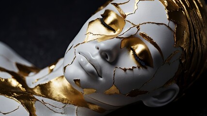 A close-up of a stylized mannequin with a cracked white surface, beneath which golden layers can be seen. The figure has a serene expression, closed eyes and delicate features. Cracks spread across th