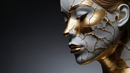 A close-up of a stylized mannequin with a cracked white surface, beneath which golden layers can be seen. The figure has a serene expression, closed eyes and delicate features. Cracks spread across th