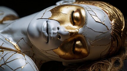 A close-up of a stylized mannequin with a cracked white surface, beneath which golden layers can be seen. The figure has a serene expression, closed eyes and delicate features. Cracks spread across th