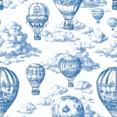 Whimsical Toile Wallpaper Hot Air Balloons Seamless Pattern Design