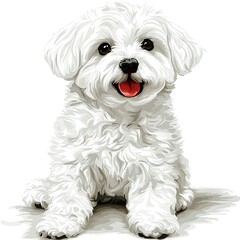Obraz premium Adorable White Maltese Puppy Sitting, Happy Expression, Digital Painting.