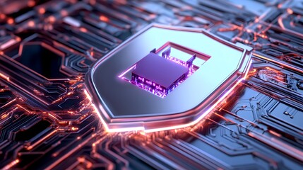 Futuristic Cyber Security Shield on Digital Circuit Board Background