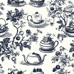 Whimsical Toile Pattern Tea Kettles Cakes and Desserts