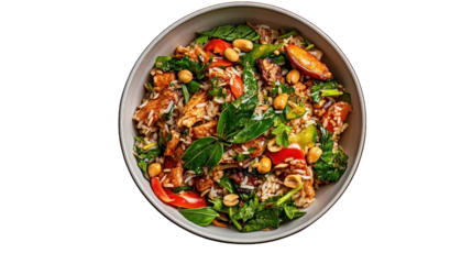 Vibrant bowl of healthy stir-fried rice with greens, nuts, and colorful vegetables. transparent background