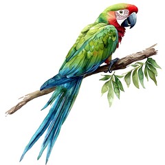 Obraz premium Watercolor Painting of a Green-winged Macaw Perched on a Branch