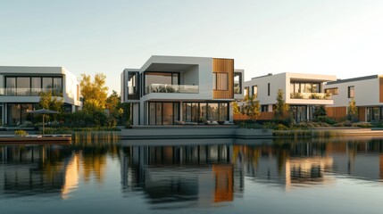 Obraz premium Housing costs review in a contemporary lakeside housing development. Featuring balance and affordability