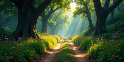 Obraz premium Sunlit Path Through a Mystical Forest with Vibrant Wildflowers and Majestic Trees
