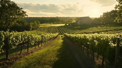 Naklejka premium Vineyard House Sunset Rural Landscape Golden Hour