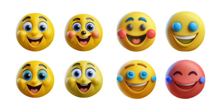 Colorful collection of cheerful emoji faces expressing happiness