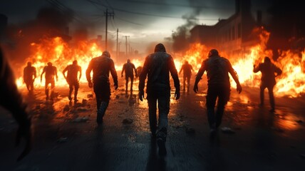 Fototapeta premium A burning battlefield where two factions of survivors clash for control over the last remaining resources