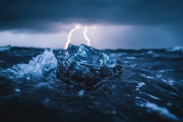 Obraz premium A dark, stormy ocean scene with a large chunk of ice floating amidst the waves, illuminated by lightning.