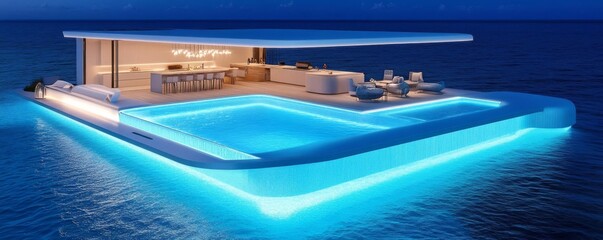Obraz premium Futuristic infinity pool with an integrated outdoor kitchen and entertainment zone
