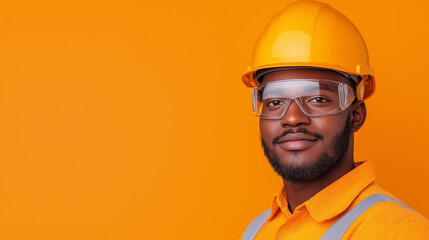Professional man smiling in safety gear against orange background