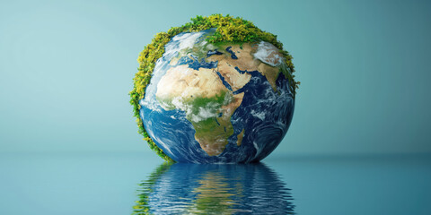 vibrant planet Earth surrounded by lush greenery, reflecting in water