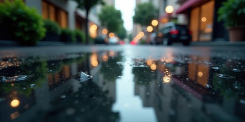 Naklejka premium Reflective Puddle on a Rainy Street at Dusk Showing Blurry Building Reflections