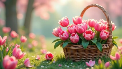 Obraz premium A charming wicker basket overflowing with delicate pink tulips rests gently in a vibrant spring meadow, bathed in the warm glow of the setting sun.