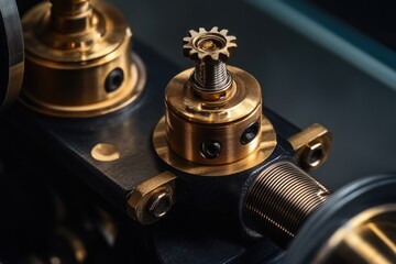 Close-up of intricate brass and black metal components, showcasing precision engineering and mechanical details.