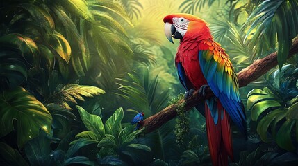 Vibrant macaw perched on a branch in a lush tropical rainforest