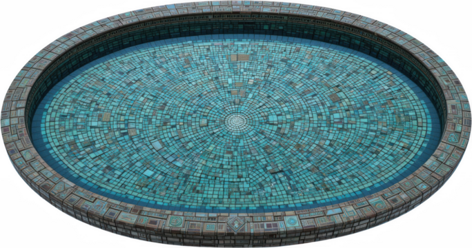 Oval Mosaic Tile Water Feature Teal and Brown Decorative Pool Circular Design Artistic