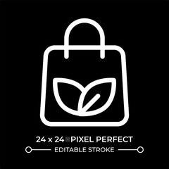 Eco bag line ui icon isolated on black. Tote shopper with leaves print. Environmental friendly fashion. Minimalist accessory. Vector outline symbol. User interface element dark mode, pixel perfect