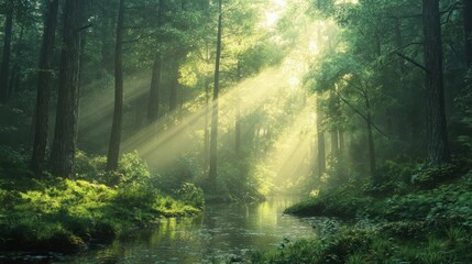 Obraz premium Misty Lush Forest at Dawn: Ethereal Sunlight Beams Through Towering Trees and Vibrant Green Undergrowth