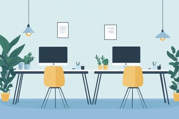 Minimalistic workplace design with modern decor and yellow chairs