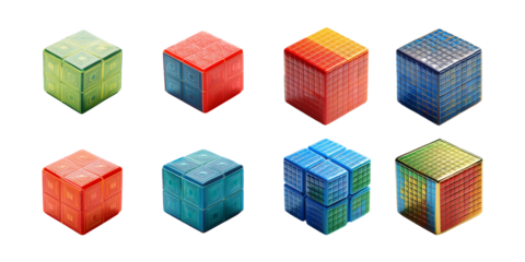 Collection of Four Colorful 3D Cubes with Patterns and Textures