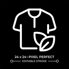 Clothes of eco friendly material line ui icon isolated on black. Sustainable fashion promotion. Shirt with leaves ornament. Vector outline symbol. User interface element dark mode, pixel perfect