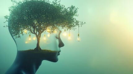 Human head with a tree growing from its base and glowing light bulbs, symbolizing mental growth and enlightenment..