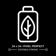 Naklejka premium Eco friendly battery line ui icon isolated on black. Rechargeable accumulator with leaf. Minimize resource depletion. Vector outline symbol. User interface element dark mode, pixel perfect