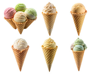 Delicious ice cream in a waffle cone, Ice cream scoop on a waffle cone, and cone ice cream isolated