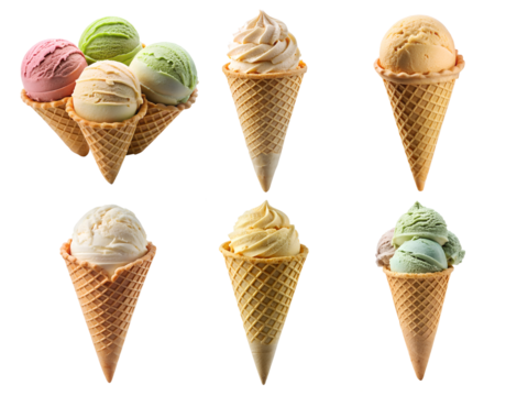 Delicious ice cream in a waffle cone, Ice cream scoop on a waffle cone, and cone ice cream isolated