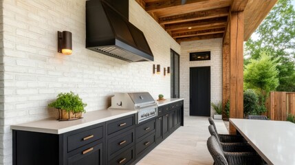 Luxury modern farmhouse outdoor kitchen with wooden beams and industrial finishes