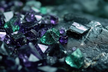 Close-up of vibrant green and purple fluorite crystals on dark rock, showcasing their sharp geometric forms and dazzling luster.