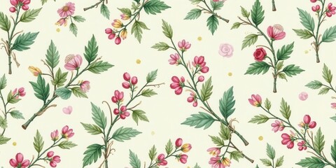 Elegant floral pattern featuring pink and red blossoms on a cream background, ideal for textile design, wallpaper, or surface decoration.  This design offers a sophisticated and timeless aesthetic.