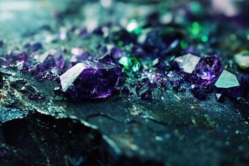 Close-up of vibrant purple and green crystals glittering on a dark rock surface.
