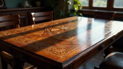 Intricate Marquetry Adorns Polished Wooden Tabletop, Sunlight Illuminating Ornate Detailing, Classic Furniture Design