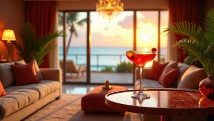 Relaxing Sunset View with a Tropical Cocktail in a Luxurious Living Room