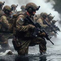 Fototapeta premium Amidst pouring rain and swirling smoke, a group of soldiers in tactical gear navigates through flooded terrain, rifles poised for action