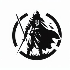 Fototapeta premium This striking artwork features a cloaked warrior standing tall with a sword, embodying resilience. The emblematic design evokes a sense of national pride and determination against adversity