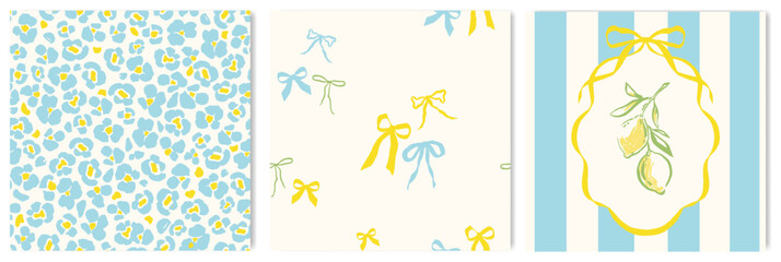 Set of cute seamless patterns of multicolored bows, leopard abstract print on a light background. Mediterranean naive illustration set, frame with lemons and ribbon © zenina